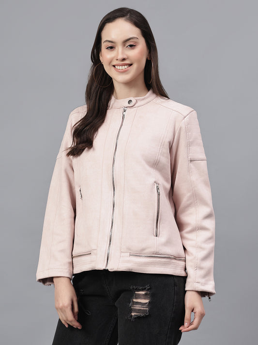 Women's Solid Pink Mock Neck Full Sleeves Casual Jacket