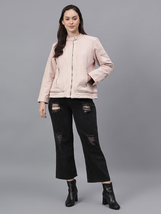 Women's Solid Pink Mock Neck Full Sleeves Casual Jacket