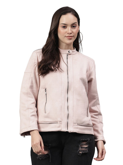 Women's Solid Pink Mock Neck Full Sleeves Casual Jacket