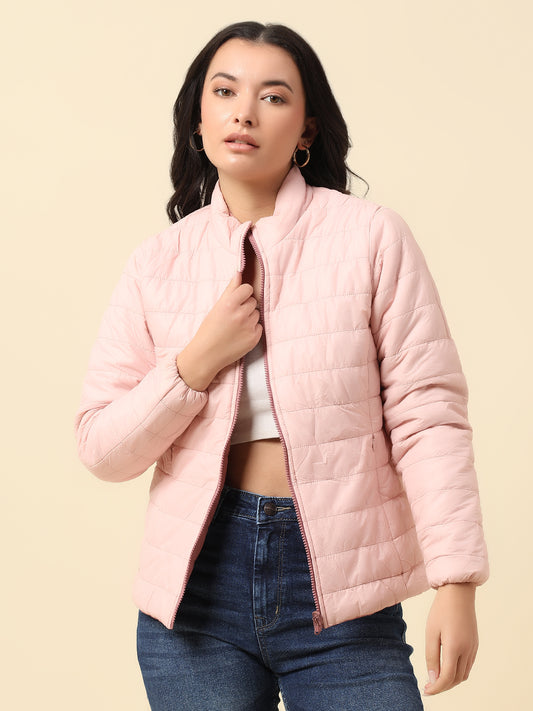 Reversible Jacket for Women | Premium Casual Jacket Regular Fit Mock Neck Nylon Fabric Solid Pattern