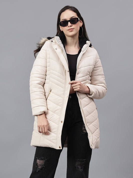Women's Solid Beige Hooded Neck Full Sleeves Casual Jacket
