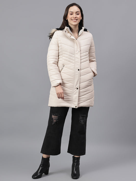 Women's Solid Beige Hooded Neck Full Sleeves Casual Jacket
