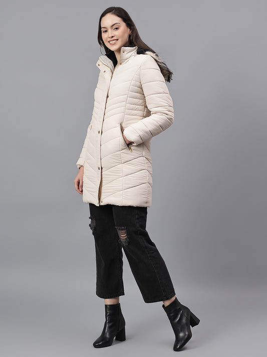 Women's Solid Beige Hooded Neck Full Sleeves Casual Jacket