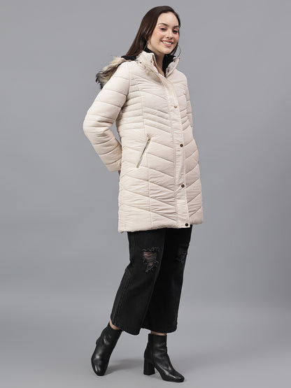 Women's Solid Beige Hooded Neck Full Sleeves Casual Jacket