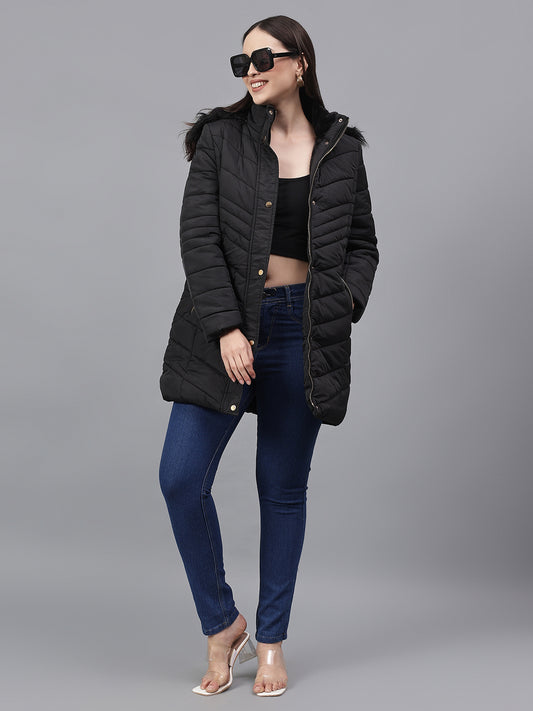 Women's Solid Black Hooded Neck Full Sleeves Casual Jacket