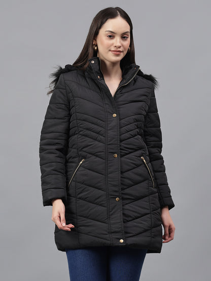 Women's Solid Black Hooded Neck Full Sleeves Casual Jacket