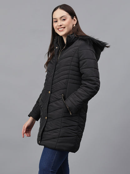 Women's Solid Black Hooded Neck Full Sleeves Casual Jacket