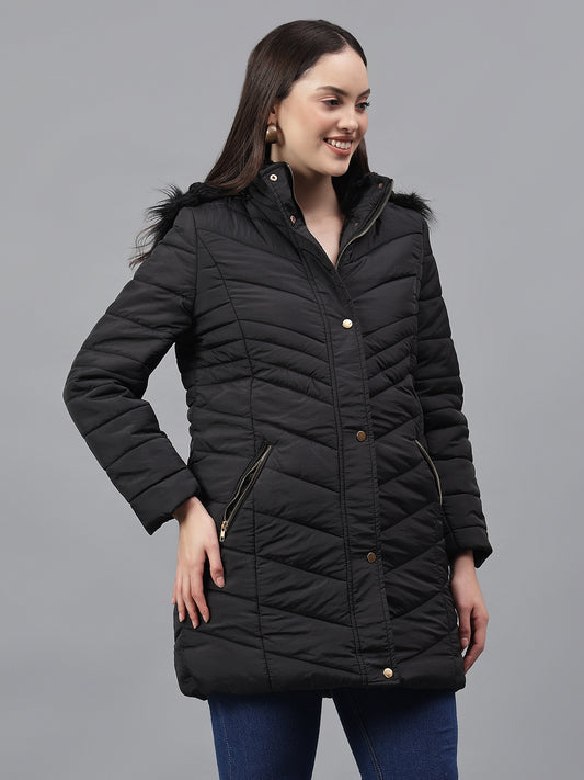 Women's Solid Black Hooded Neck Full Sleeves Casual Jacket