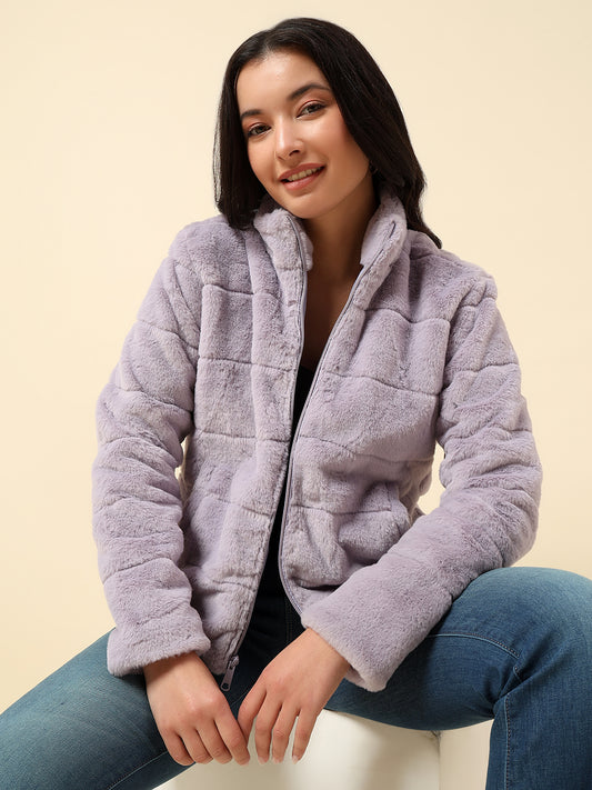 Jacket for Women | Premium Casual Jacket Regular Fit Mock Neck Hairy Fabric Solid Pattern