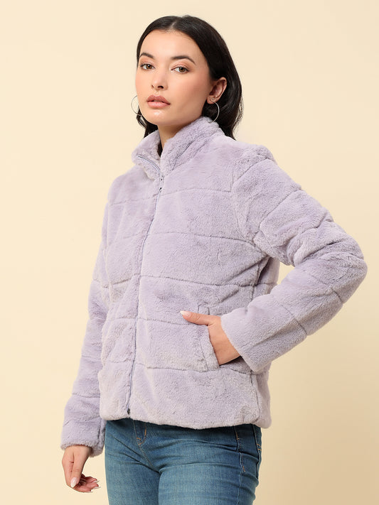 Jacket for Women | Premium Casual Jacket Regular Fit Mock Neck Hairy Fabric Solid Pattern