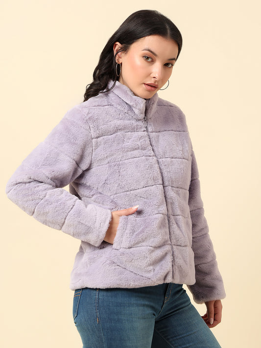 Jacket for Women | Premium Casual Jacket Regular Fit Mock Neck Hairy Fabric Solid Pattern