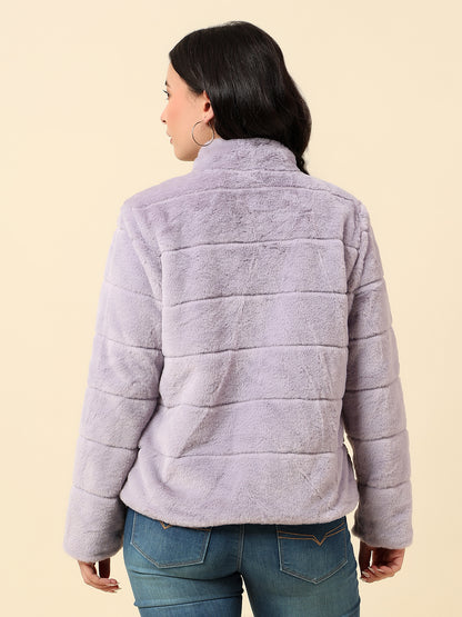 Jacket for Women | Premium Casual Jacket Regular Fit Mock Neck Hairy Fabric Solid Pattern