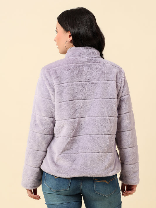 Jacket for Women | Premium Casual Jacket Regular Fit Mock Neck Hairy Fabric Solid Pattern