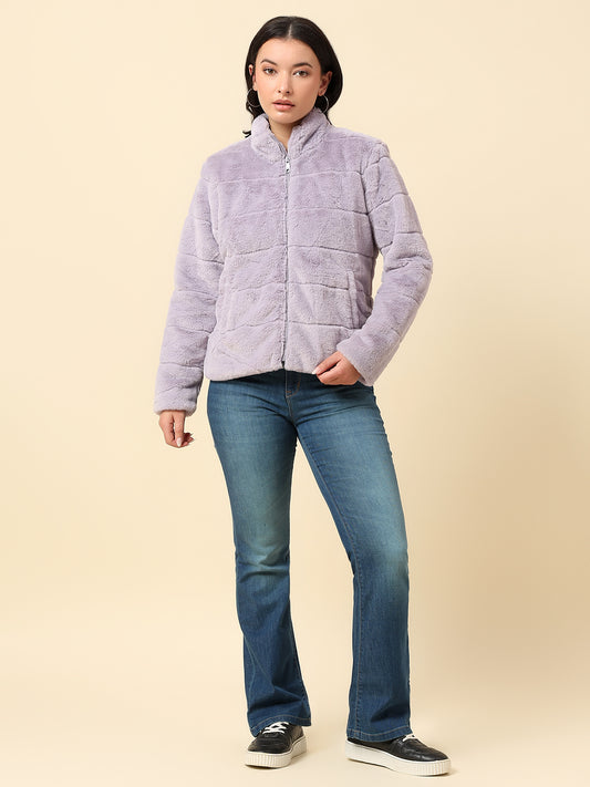 Jacket for Women | Premium Casual Jacket Regular Fit Mock Neck Hairy Fabric Solid Pattern
