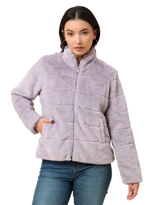 Jacket for Women | Premium Casual Jacket Regular Fit Mock Neck Hairy Fabric Solid Pattern