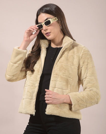 Jacket for Women | Premium Casual Jacket Regular Fit Mandarin Neck Hairy Fabric Solid Pattern
