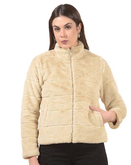Jacket for Women | Premium Casual Jacket Regular Fit Mandarin Neck Hairy Fabric Solid Pattern
