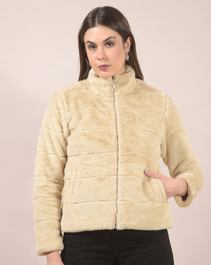 Jacket for Women | Premium Casual Jacket Regular Fit Mandarin Neck Hairy Fabric Solid Pattern