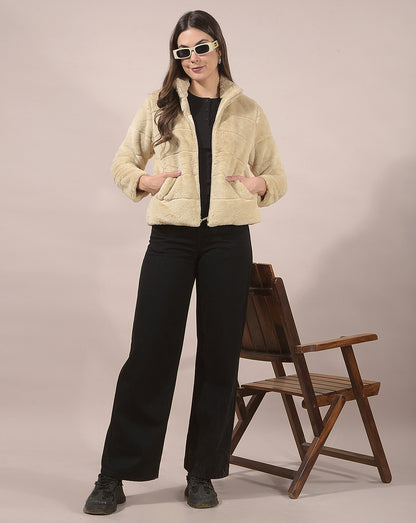 Jacket for Women | Premium Casual Jacket Regular Fit Mandarin Neck Hairy Fabric Solid Pattern