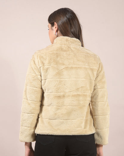 Jacket for Women | Premium Casual Jacket Regular Fit Mandarin Neck Hairy Fabric Solid Pattern
