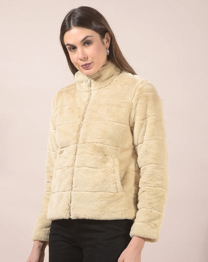 Jacket for Women | Premium Casual Jacket Regular Fit Mandarin Neck Hairy Fabric Solid Pattern