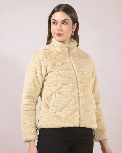 Jacket for Women | Premium Casual Jacket Regular Fit Mandarin Neck Hairy Fabric Solid Pattern