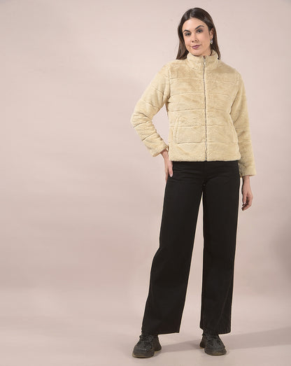 Jacket for Women | Premium Casual Jacket Regular Fit Mandarin Neck Hairy Fabric Solid Pattern