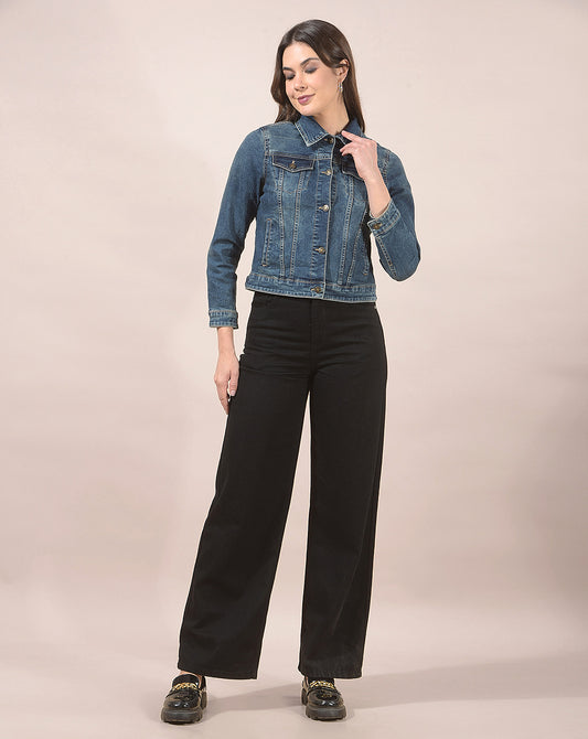 Jacket for Women | Premium Casual Jacket Regular Fit Spread Collar Denim Fabric Solid Pattern