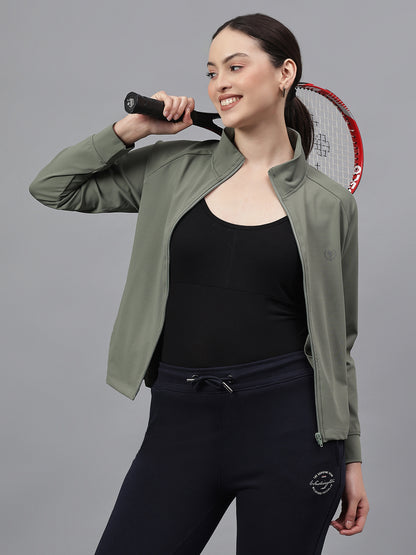 Women's Solid Green High Neck Full Sleeves Casual Jacket