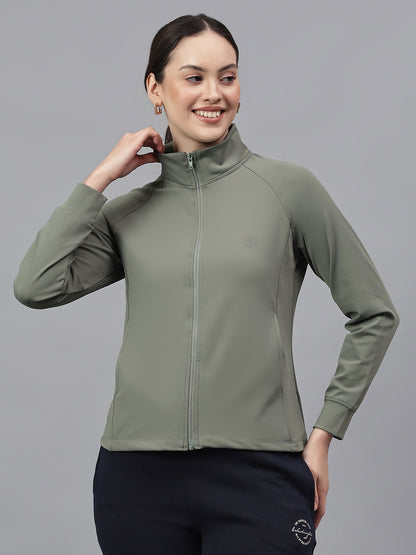 Women's Solid Green High Neck Full Sleeves Casual Jacket