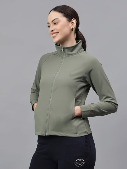Women's Solid Green High Neck Full Sleeves Casual Jacket