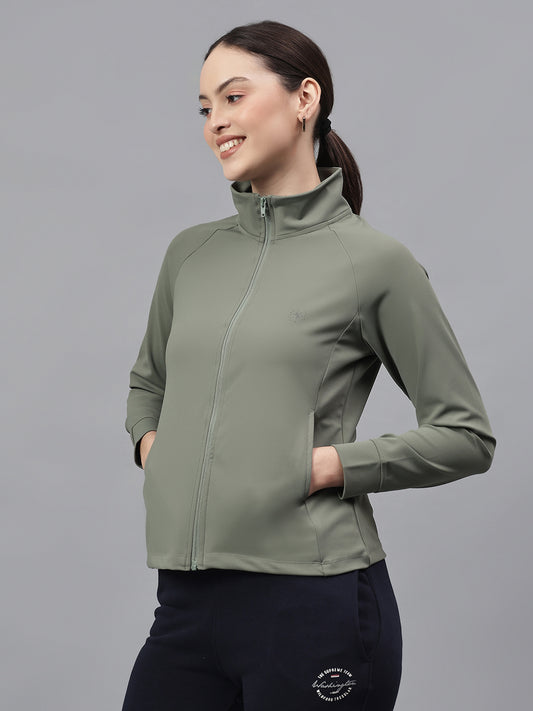 Women's Solid Green High Neck Full Sleeves Casual Jacket