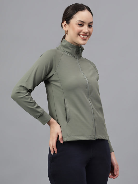 Women's Solid Green High Neck Full Sleeves Casual Jacket