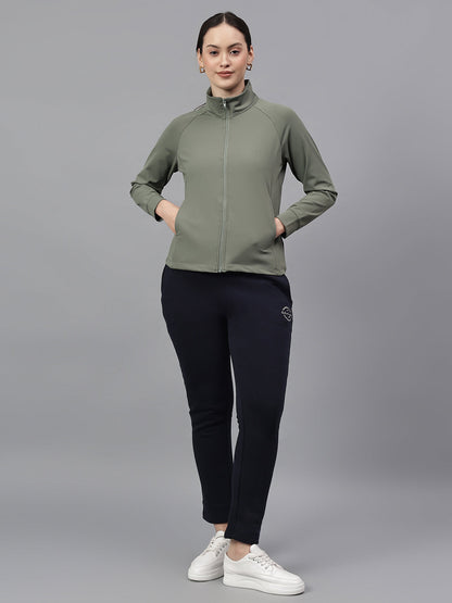 Women's Solid Green High Neck Full Sleeves Casual Jacket