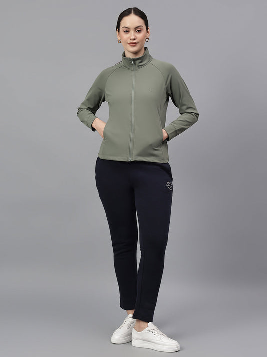 Women's Solid Green High Neck Full Sleeves Casual Jacket