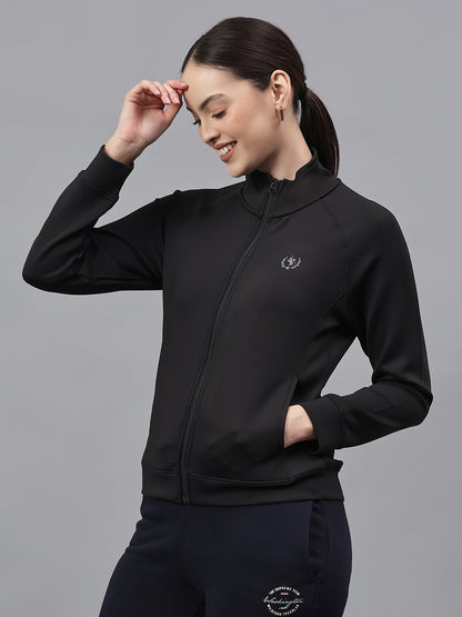 Women's Solid Black High Neck Full Sleeves Casual Jacket
