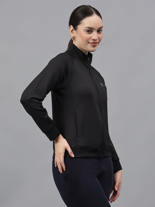 Women's Solid Black High Neck Full Sleeves Casual Jacket