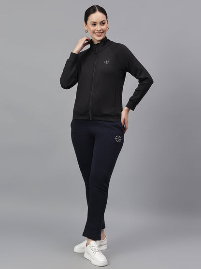 Women's Solid Black High Neck Full Sleeves Casual Jacket