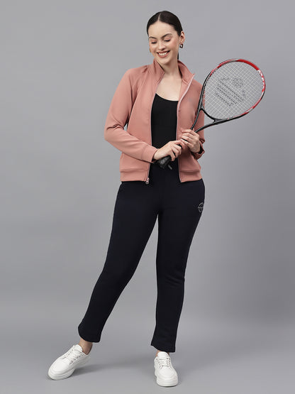 Women's Solid Pink High Neck Full Sleeves Casual Jacket