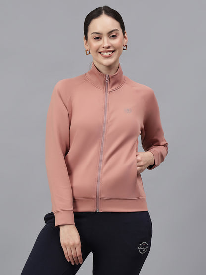 Women's Solid Pink High Neck Full Sleeves Casual Jacket