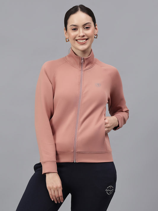 Women's Solid Pink High Neck Full Sleeves Casual Jacket
