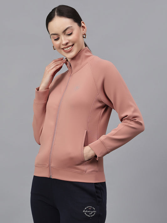 Women's Solid Pink High Neck Full Sleeves Casual Jacket