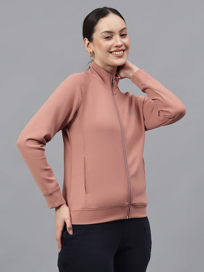 Women's Solid Pink High Neck Full Sleeves Casual Jacket