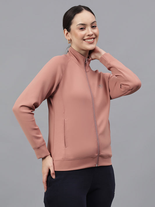 Women's Solid Pink High Neck Full Sleeves Casual Jacket