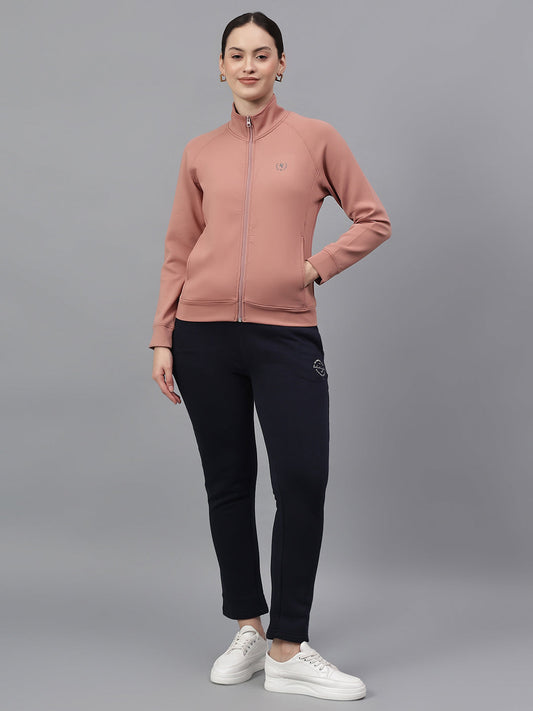 Women's Solid Pink High Neck Full Sleeves Casual Jacket