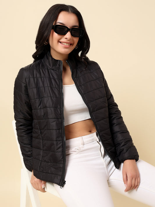 Reversible Jacket for Women | Premium Casual Jacket Regular Fit Mock Neck Nylon Fabric Solid Pattern