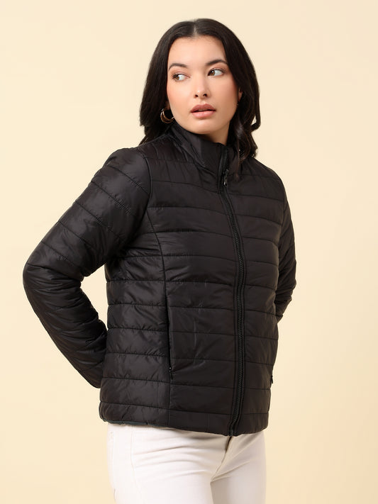 Reversible Jacket for Women | Premium Casual Jacket Regular Fit Mock Neck Nylon Fabric Solid Pattern