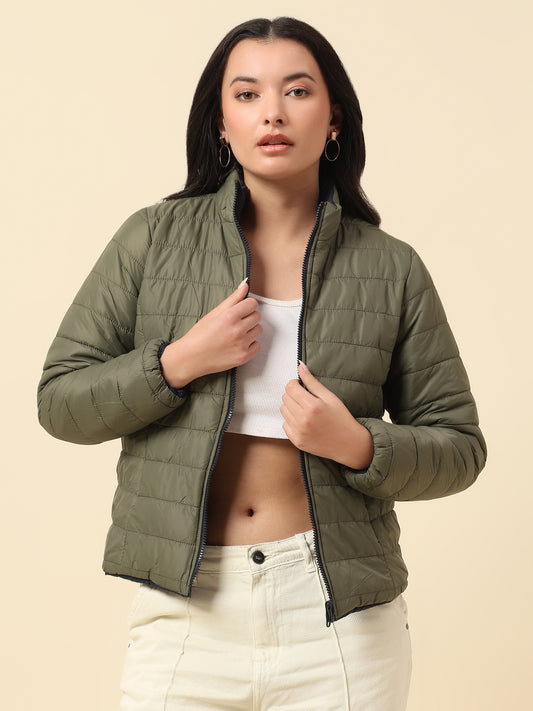 Reversible Jacket for Women | Premium Casual Jacket Regular Fit Mock Neck Nylon Fabric Solid Pattern