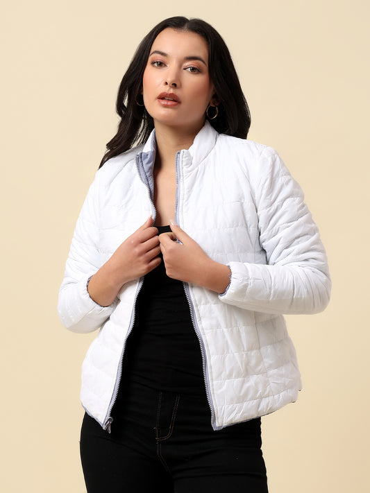 Reversible Jacket for Women | Premium Casual Jacket Regular Fit Mock Neck Nylon Fabric Solid Pattern