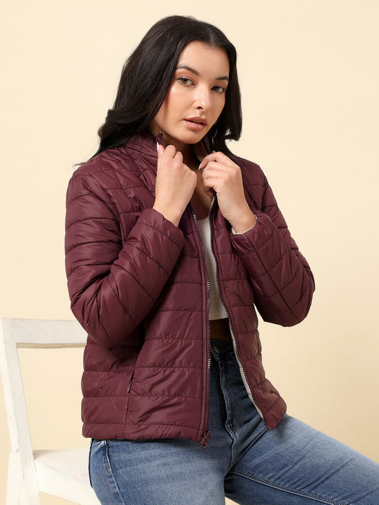 Reversible Jacket for Women | Premium Casual Jacket Regular Fit Mock Neck Nylon Fabric Solid Pattern